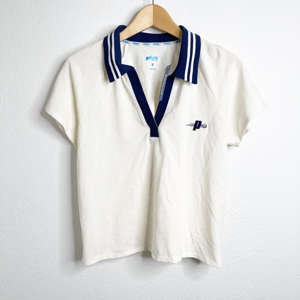 Prince Pickleball Womens White Navy Striped V-Neck Polo Shirt NWT Size M